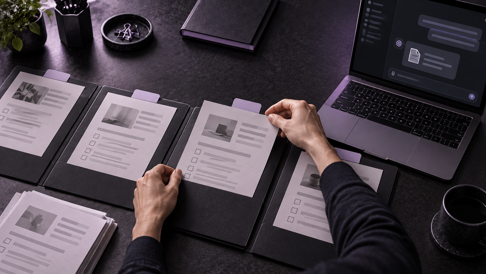 Una persona organiza fichas de trabajo en carpetas alineadas junto a una MacBook con un asistente de IA abierto. Escena ilustrativa en tonos oscuros y lavanda.