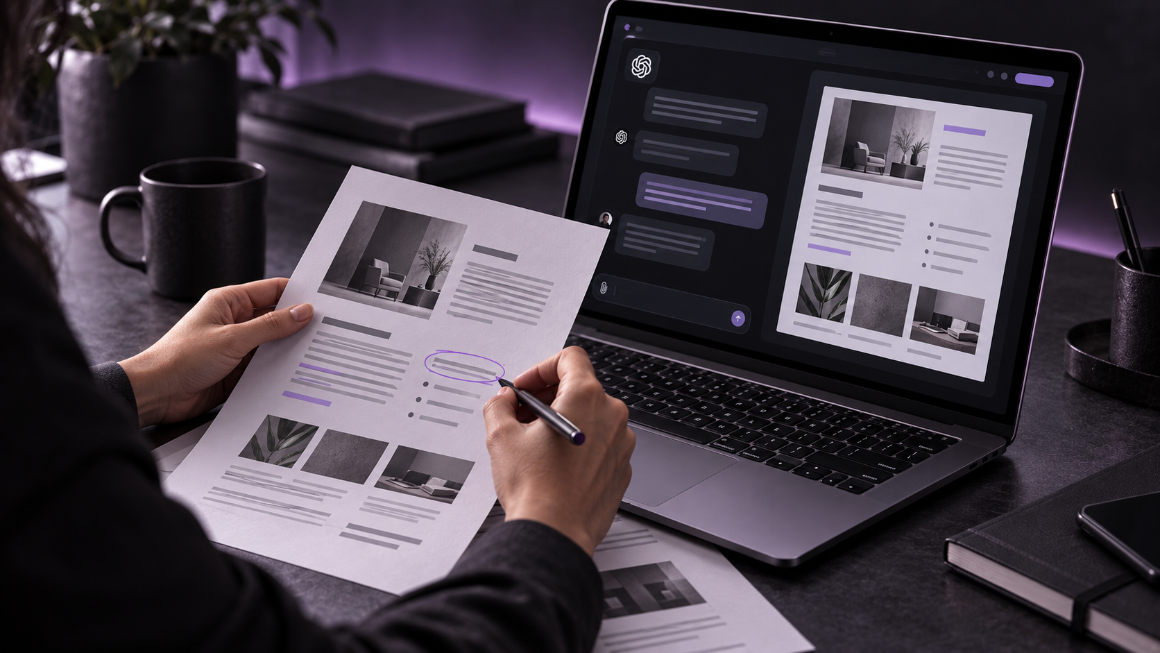 Una persona compara un documento generado en una MacBook con una copia impresa y marca una corrección. Escena ilustrativa en tonos oscuros y lavanda.