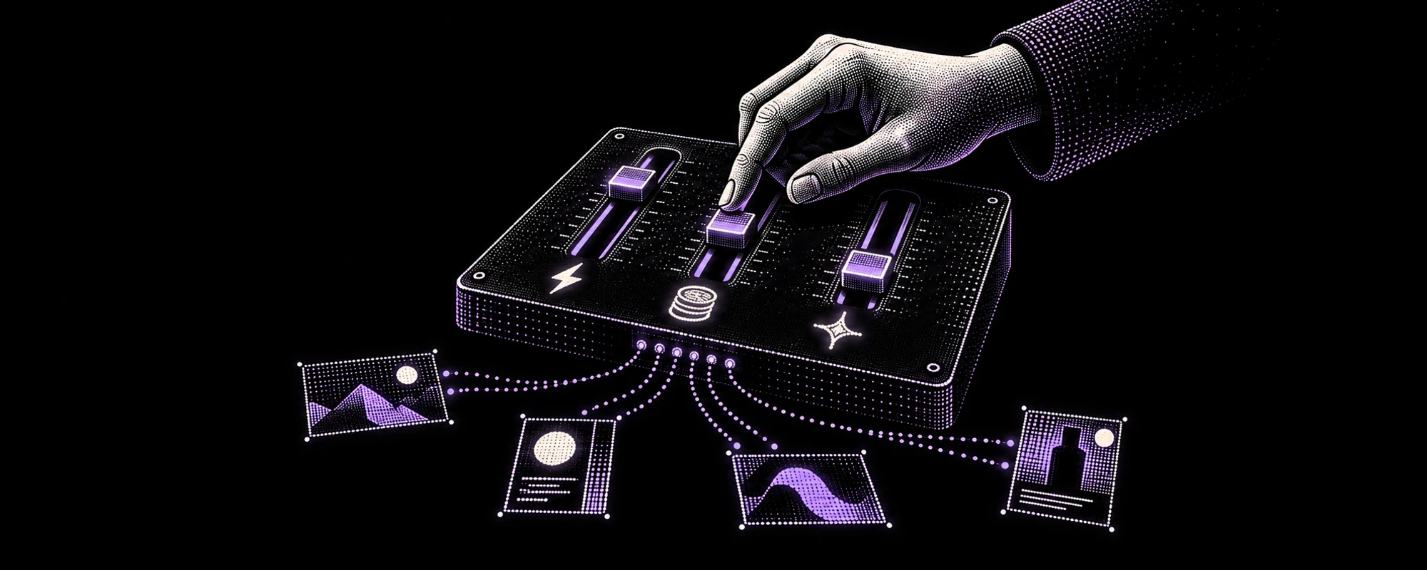 Una mano opera una consola conectada a piezas creativas: criterio humano para dirigir herramientas de inteligencia artificial.